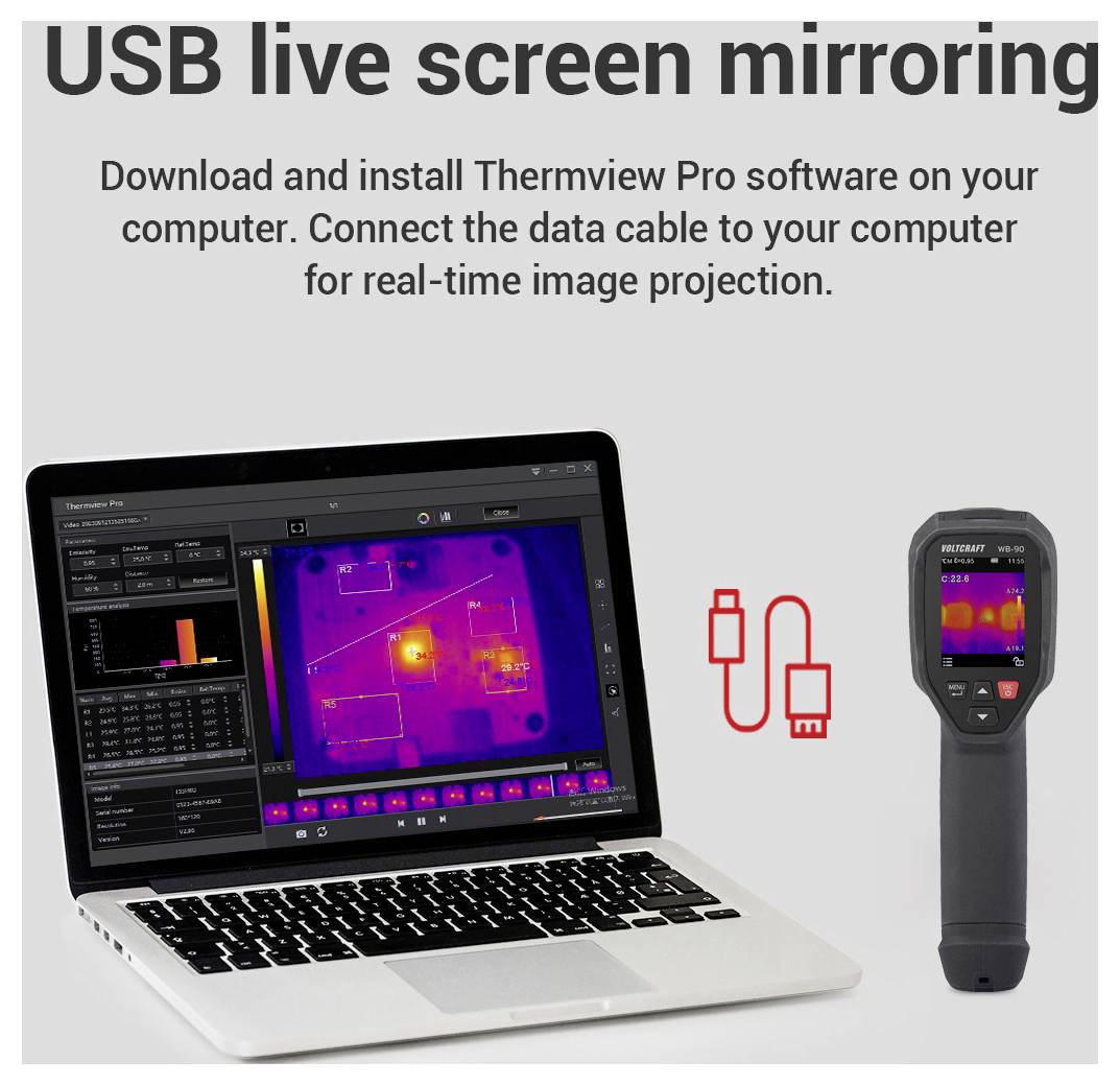 USB live screen mirroring: installera Thermview Pro och anslut kameran via datakabel för att projicera värmebild i realtid på en dator.