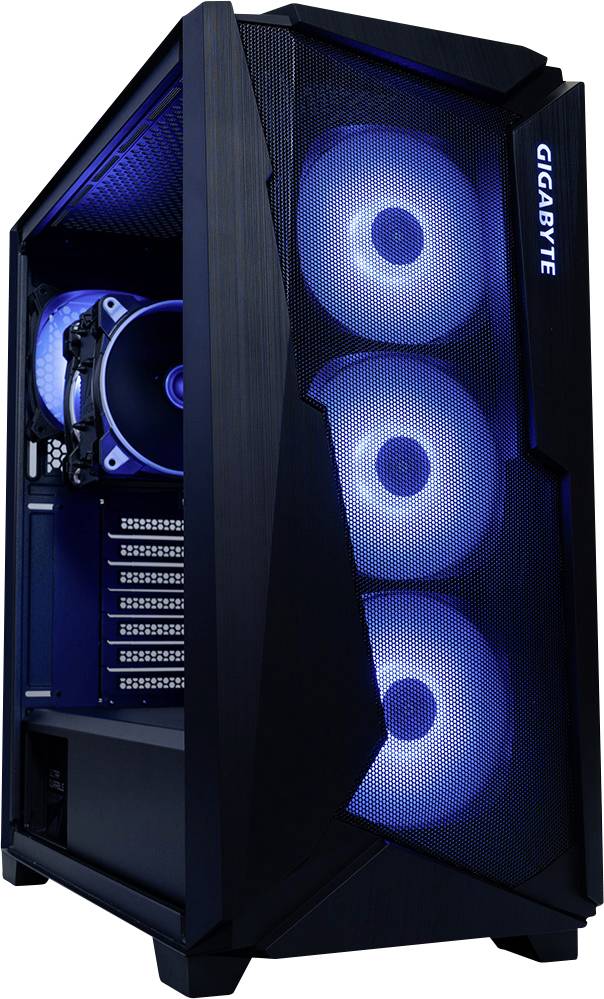 Svart PC-hölje med transparent frontpanel, upplyst av blå LED-fläktar. 'GIGABYTE'-logotyp vertikalt på sidan.