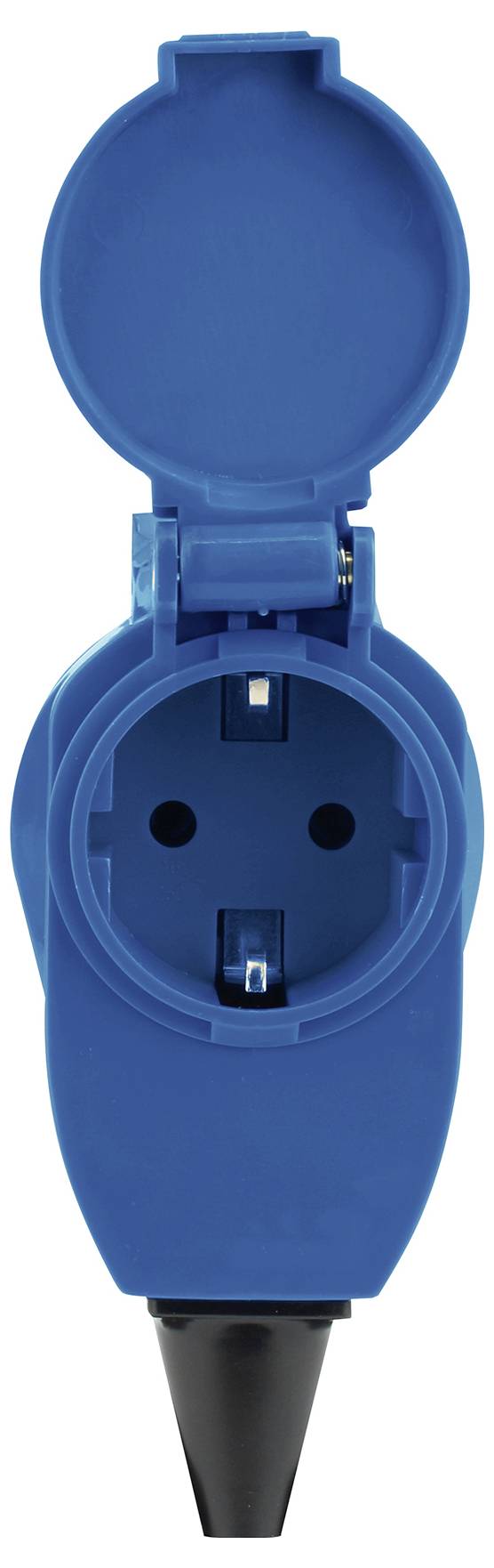 En blå vägguttag med öppet skyddslock, där Schuko-kontakten är synlig. Vägguttaget är lämpligt för utomhusbruk.