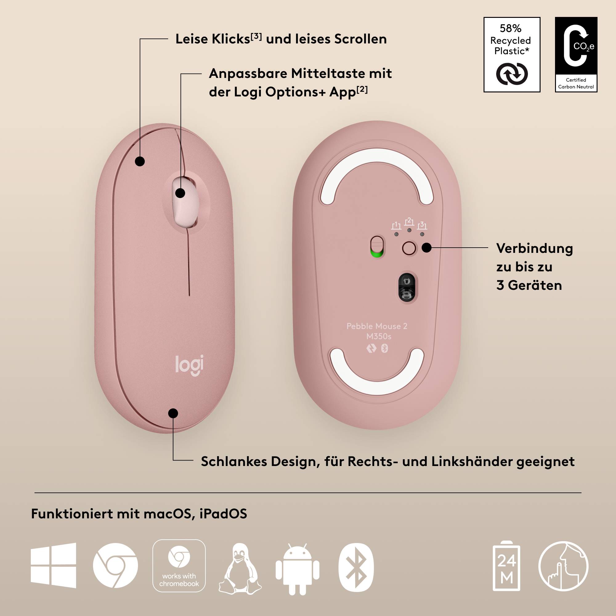 Logitech Pebble Mouse 2 M350s i Rosa. Två vyer: Ovansida med scrollhjul och logotyp, undersida med anslutningsbrytare för 3 enheter. Tillverkad av återvunnen plast. Kompatibel med macOS, iPadOS. Lämplig för både höger- och vänsterhänta.