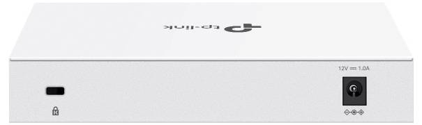 En vit TP-Link nätverksenhet med strömingång märkt '12V ⎓ 1.0A' och ett låssymbol bredvid en liten switch eller knapp.