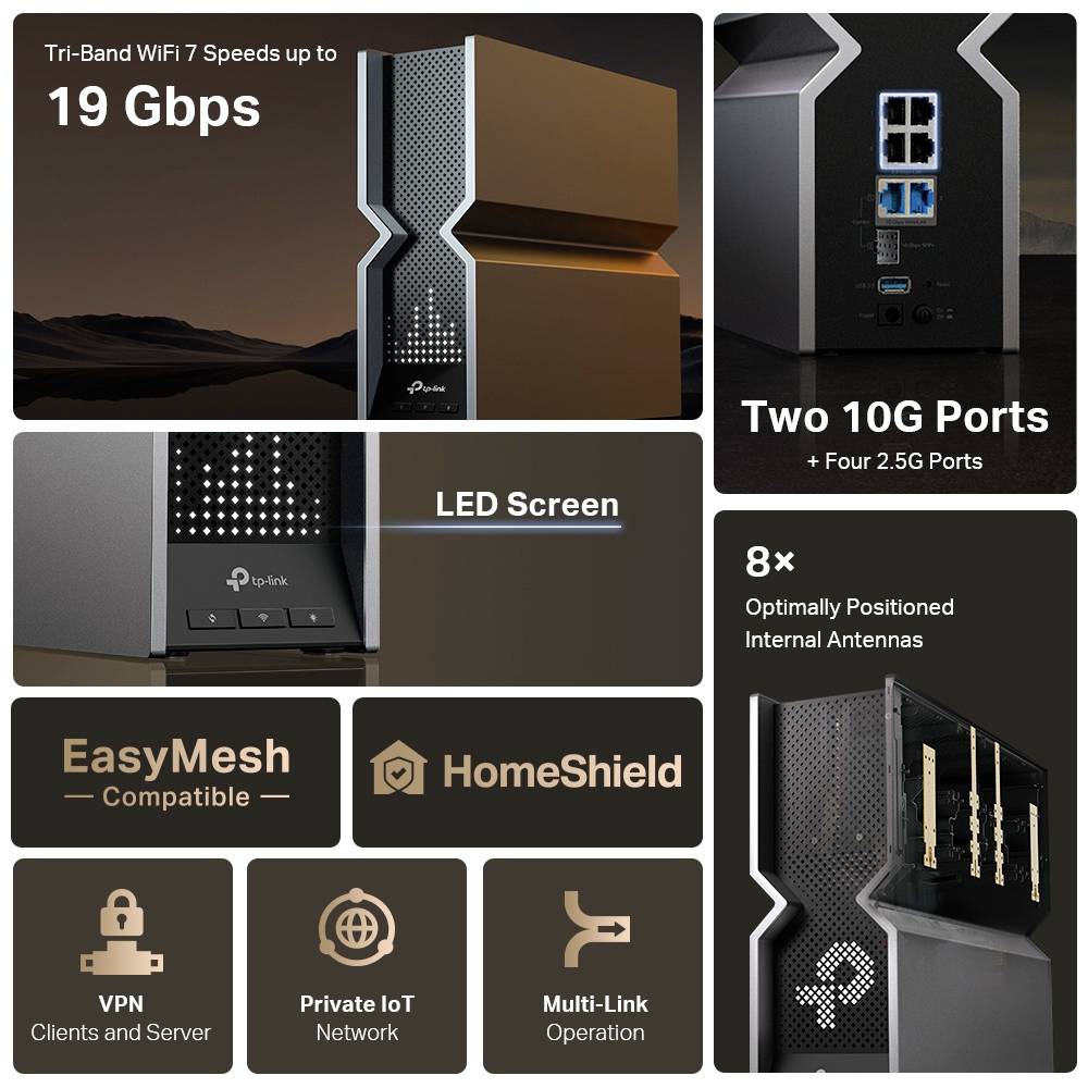 WiFi 7-router med upp till 19 Gbps hastighet, två 10G-portar, LED-skärm. Stöder EasyMesh, HomeShield, VPN, Multi-Link och privata IoT-nätverk.