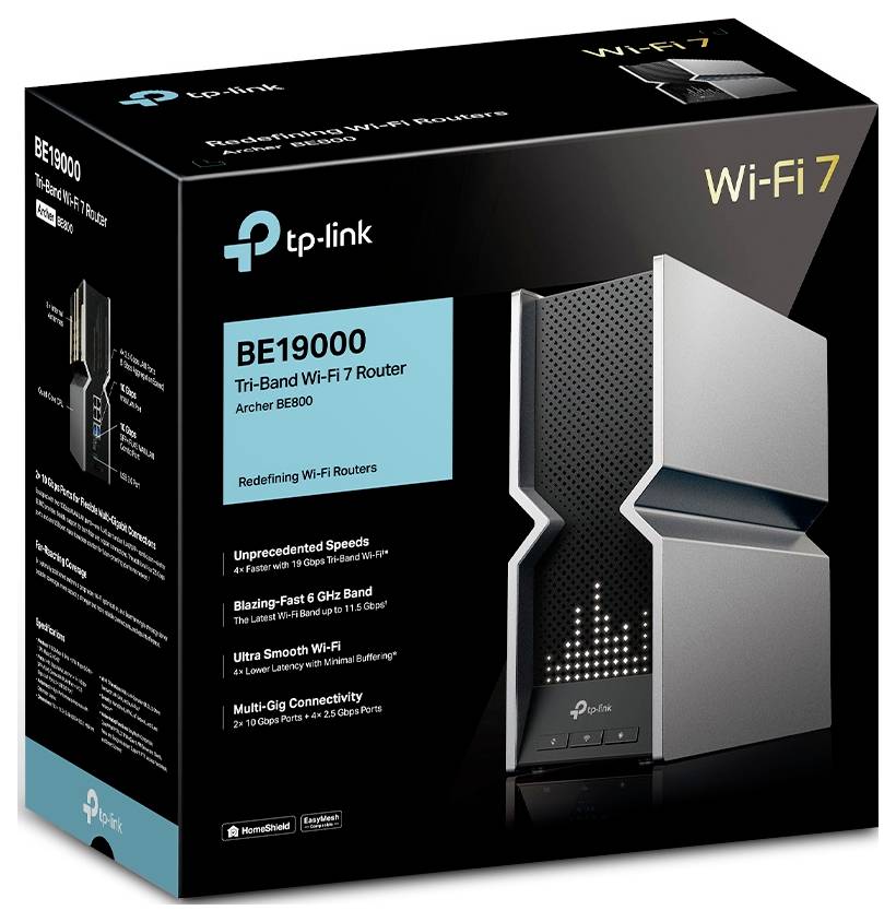 TP-Link BE19000 Tri-Band Wi-Fi 7 Router på förpackningen. Lovar höga hastigheter, 6 GHz-band och Multi-Gig-anslutning.