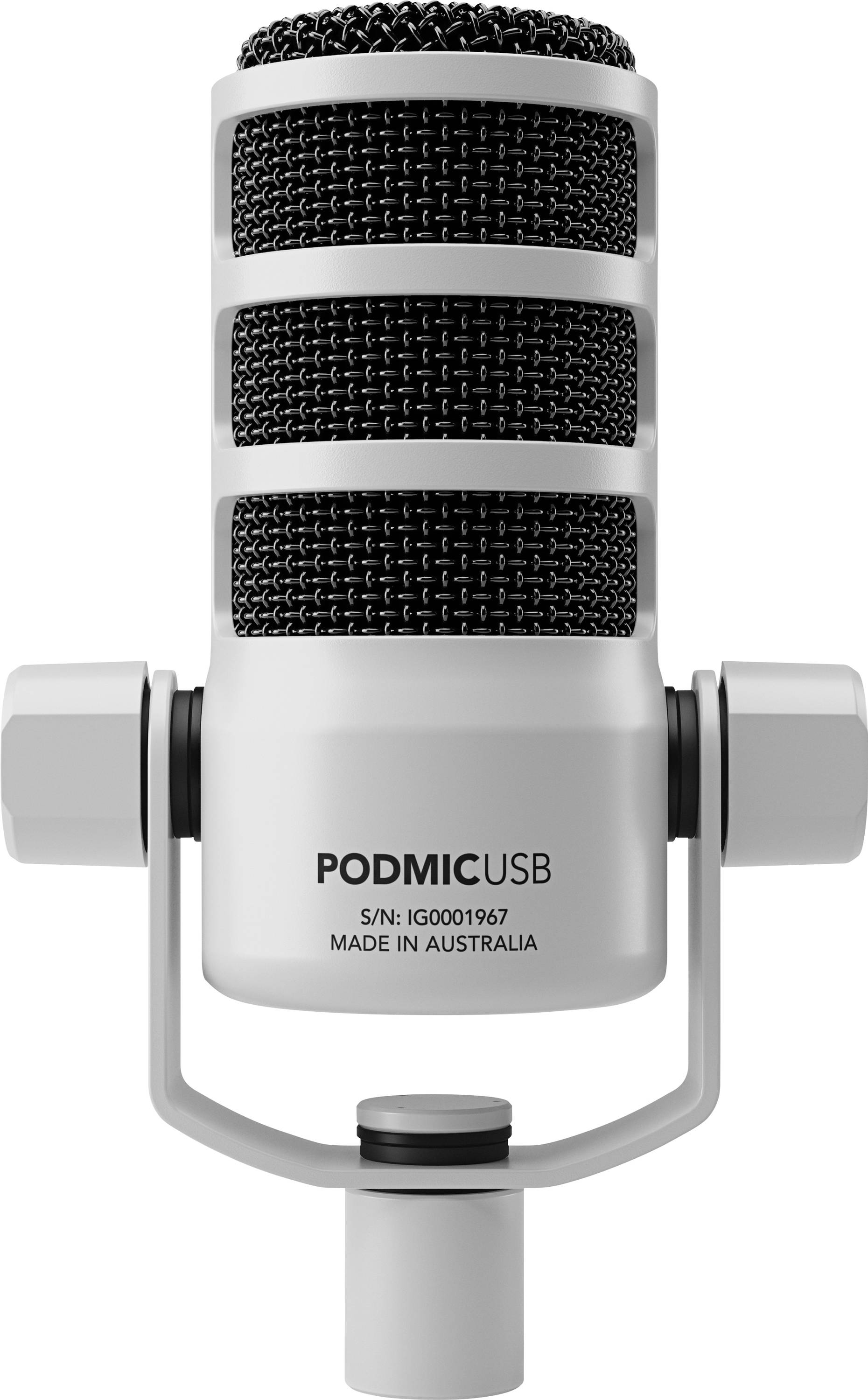 Silverfärgad USB-mikrofon på vit bakgrund. Text: 'PODMIC USB'. Design med metallgaller och svart hölje.