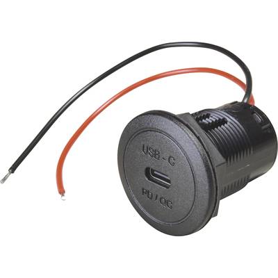 Svart, rund USB-C-kontakt med rött och svart kabel. Lämplig för strömförsörjning och dataöverföring.