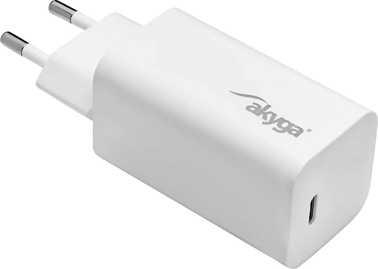 En vit, rektangulär USB-laddare med europeisk kontakt och 'akyga'-logotypen på sidan. Lämplig för smartphones och andra enheter.
