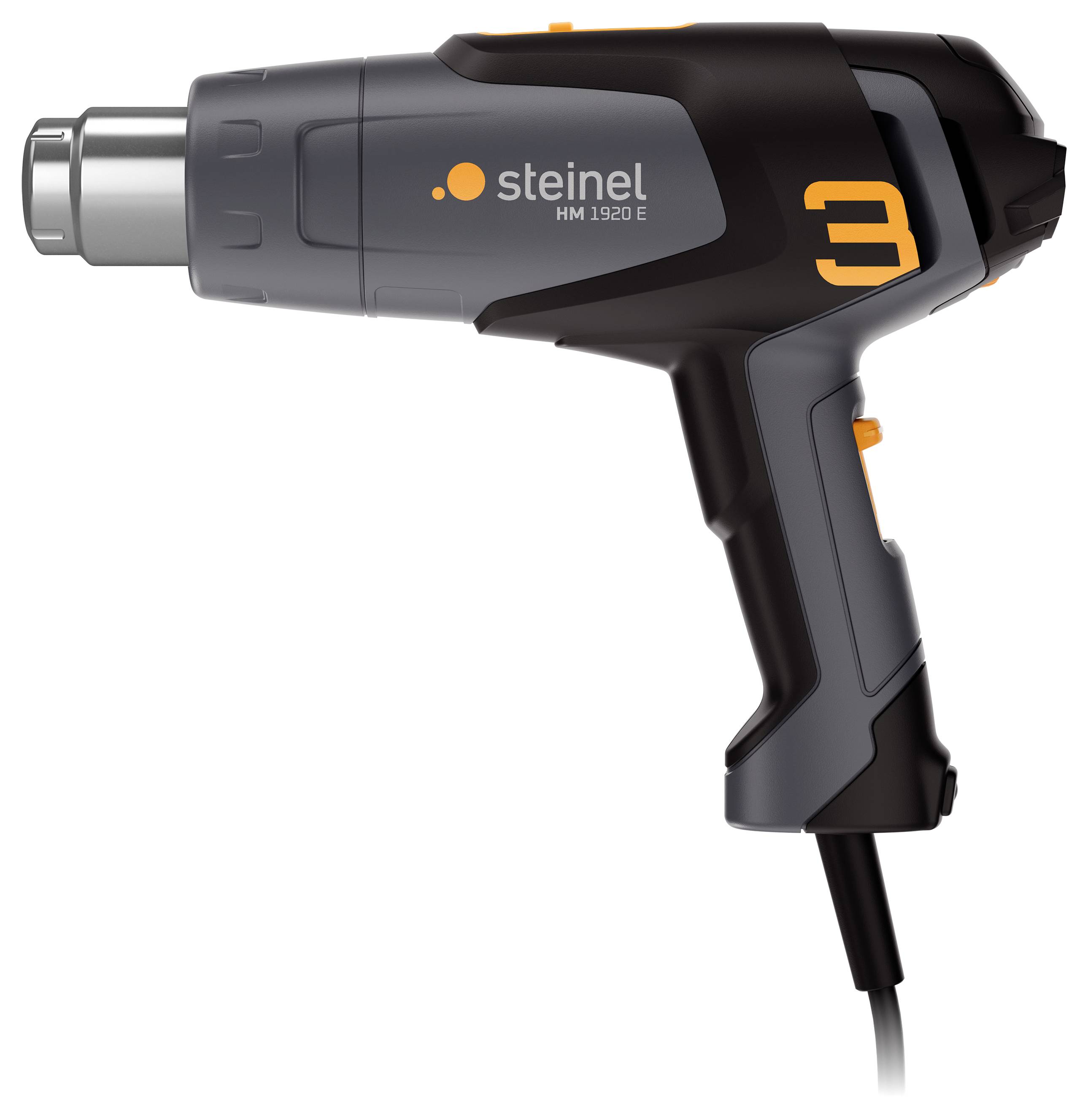 En grå värmepistol från märket Steinel med orangea accenter. Modellnummer HM 1920 E, med nätsladd.