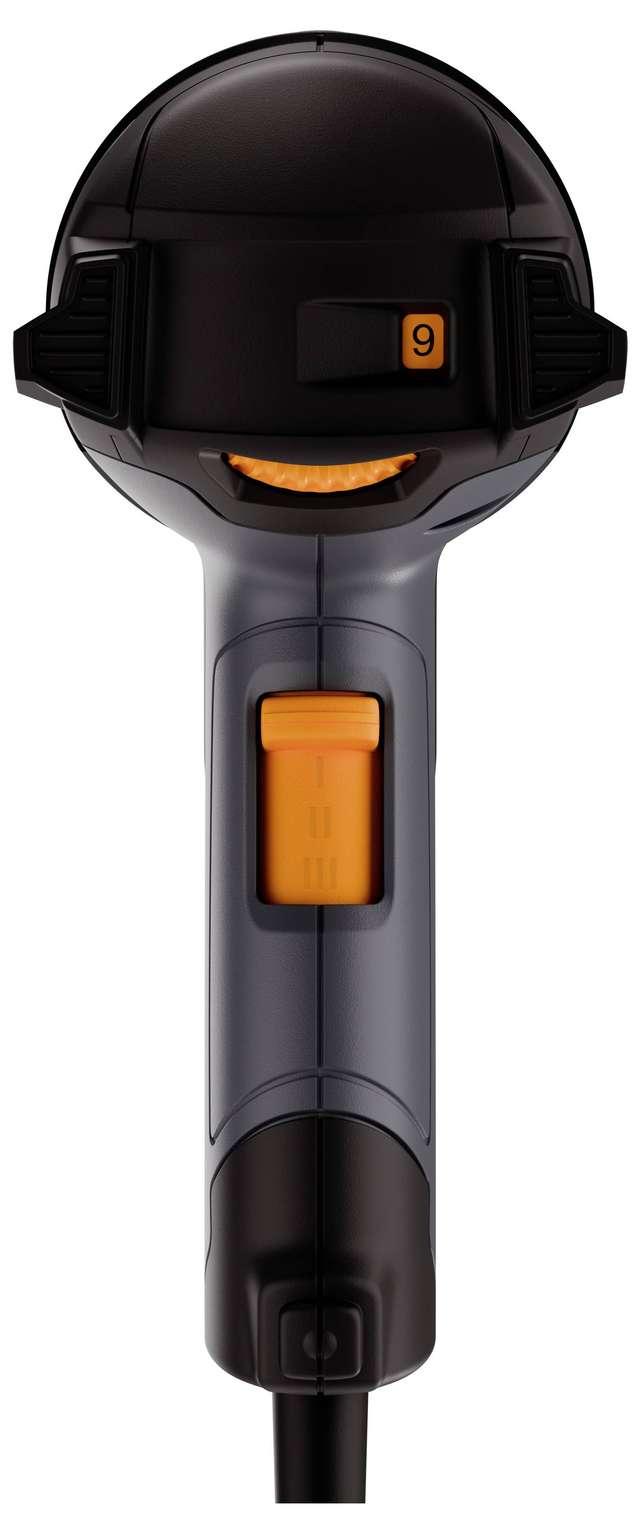 En handenhet med svart och grått hölje och orange knapp; sannolikt ett elektroniskt verktyg eller en scanner.