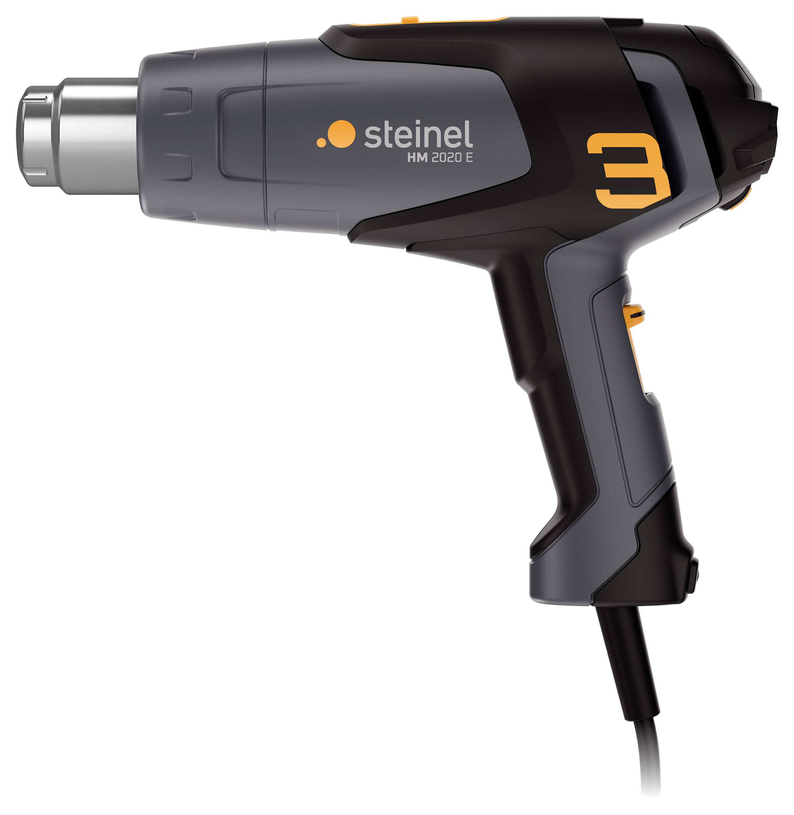 Svart och orange Steinel HM 2020 E värmepistol visad från sidan med kabel ansluten.