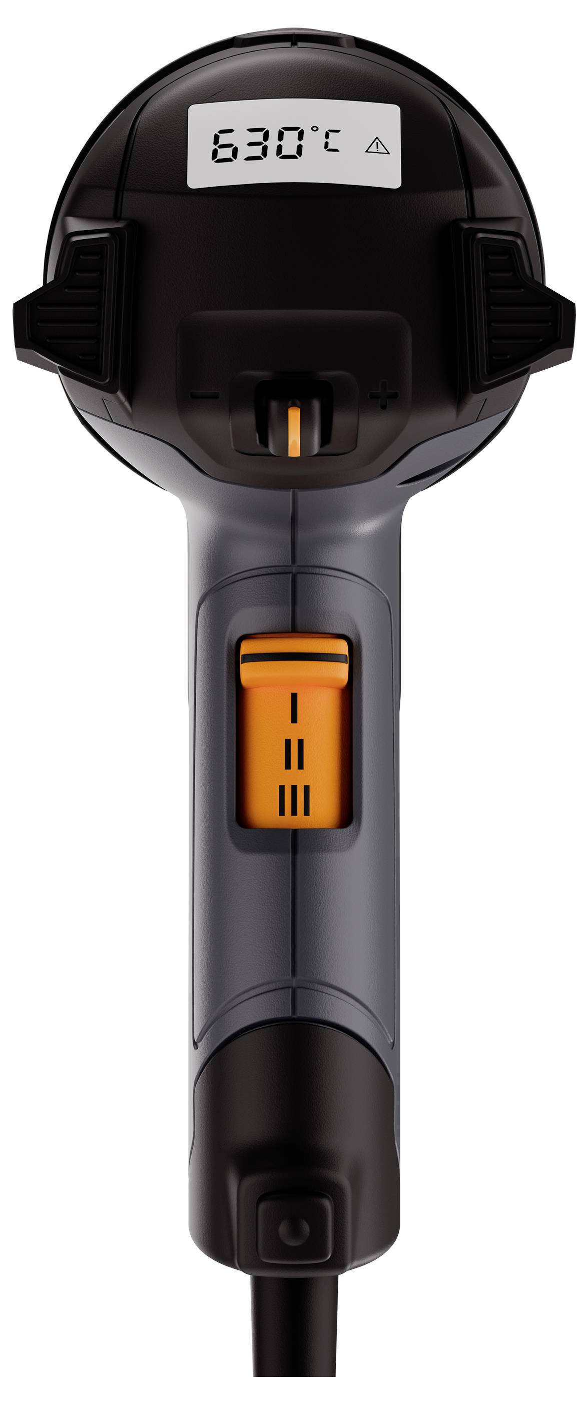 Svart handhållen infraröd termometer med orange accenter som visar 630°C på sin skärm.