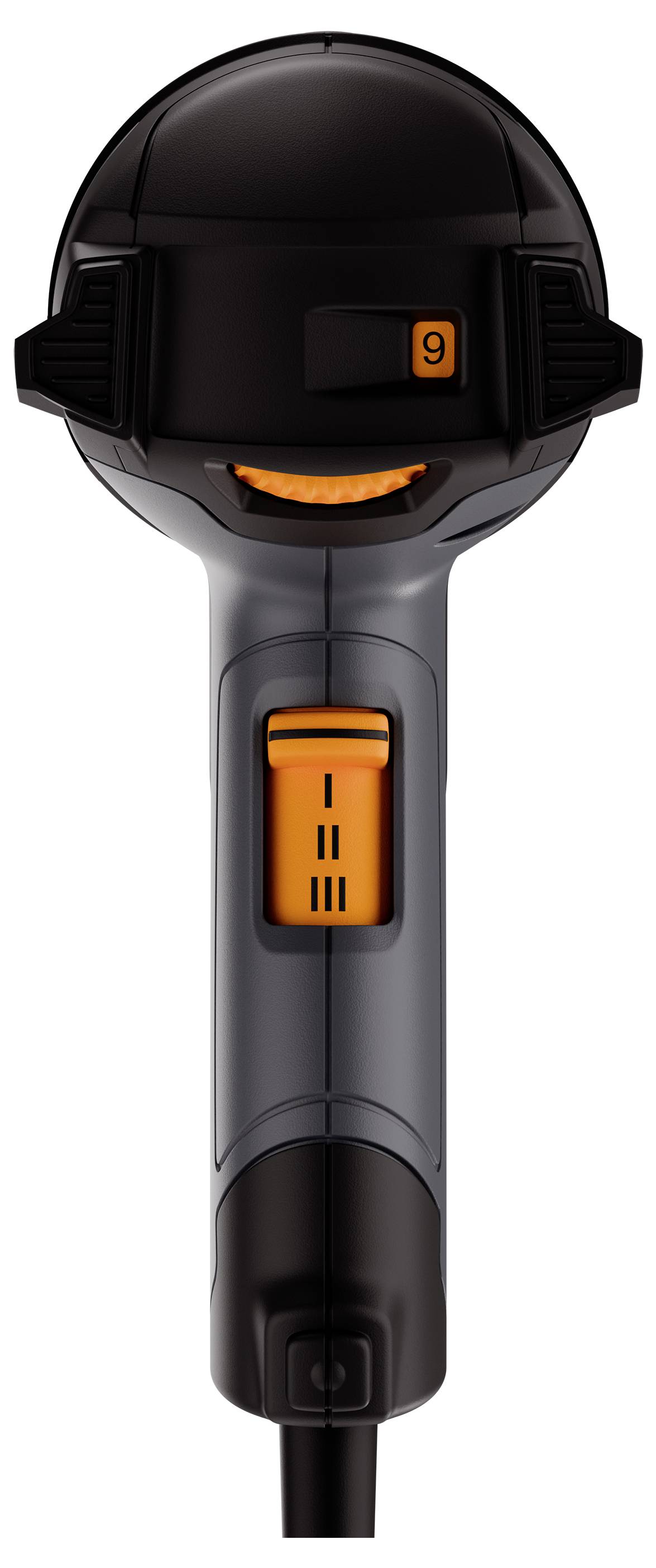En svart handhållen scanner med orange detaljer och ett sifferområde överst. Greppet är ergonomiskt utformat för enkel användning.