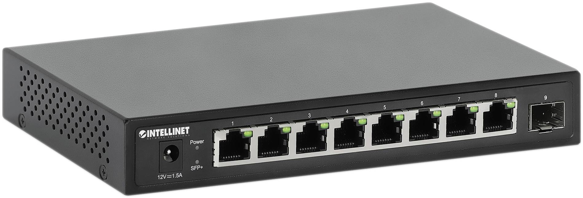 En svart nätverksswitch med åtta Ethernet-portar och en extra fiberoptisk port. LED-indikatorer för varje port.