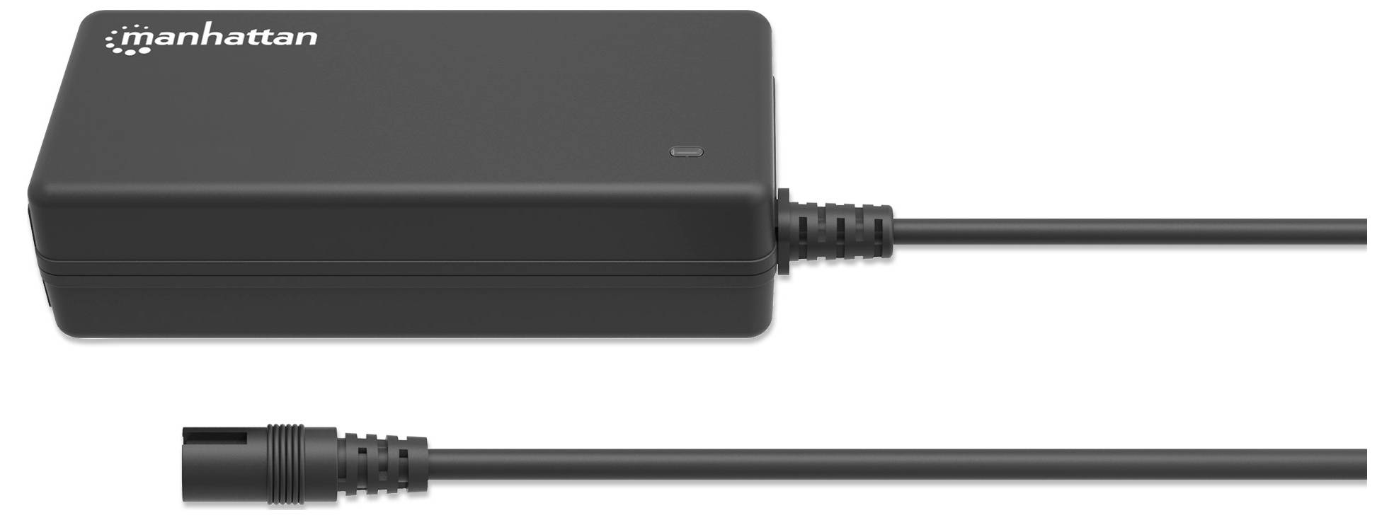 Svart nätadapter från Manhattan med kabel och kontakt, lämplig för elektroniska enheter.