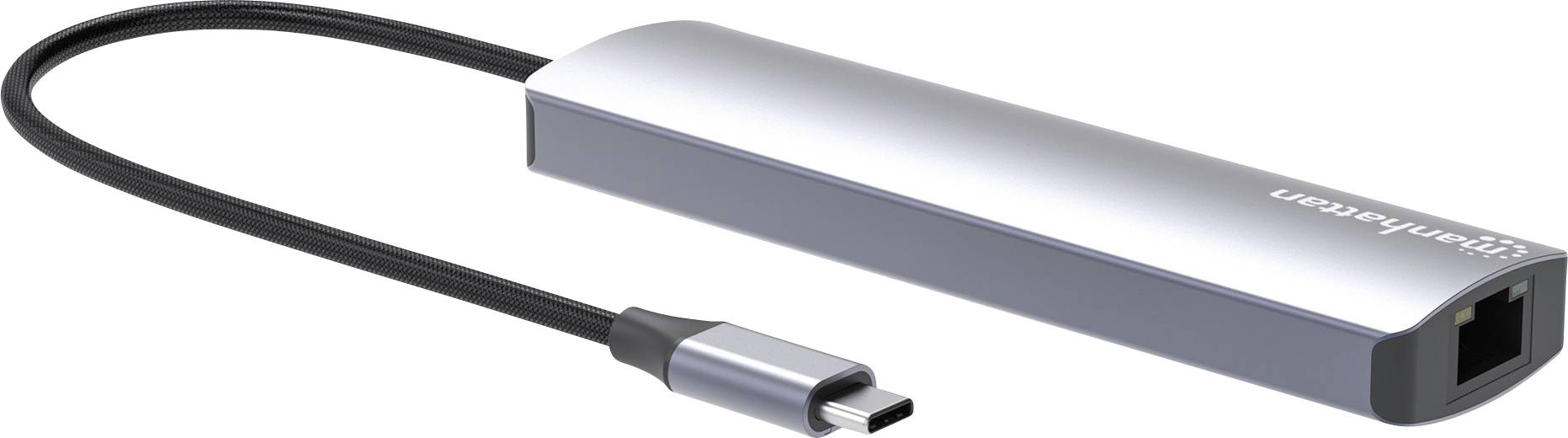En silverfärgad USB-C-adapter med en Ethernet-port, ansluten genom en svart kabel, lämplig för nätverksanslutningar.