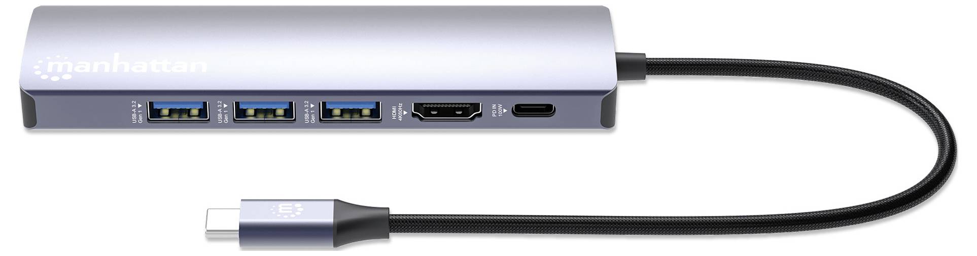 En USB-C-hub med fyra anslutningar: tre USB 3.0, en HDMI och en USB-C. Hubben är silverfärgad med svart kabel.