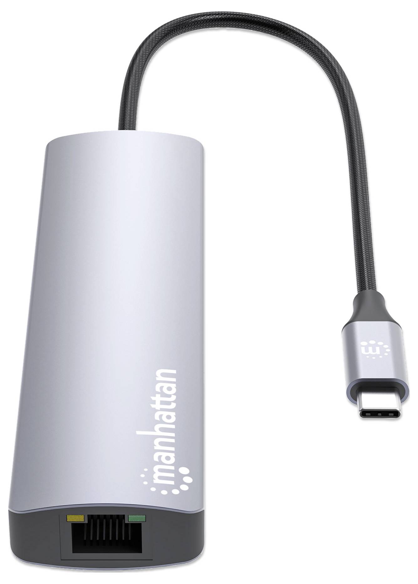 Ethernet-adapter med USB-C-anslutning, hölje i silver, märkt med 'manhattan'. Möjliggör anslutning mellan Ethernet och USB-C.