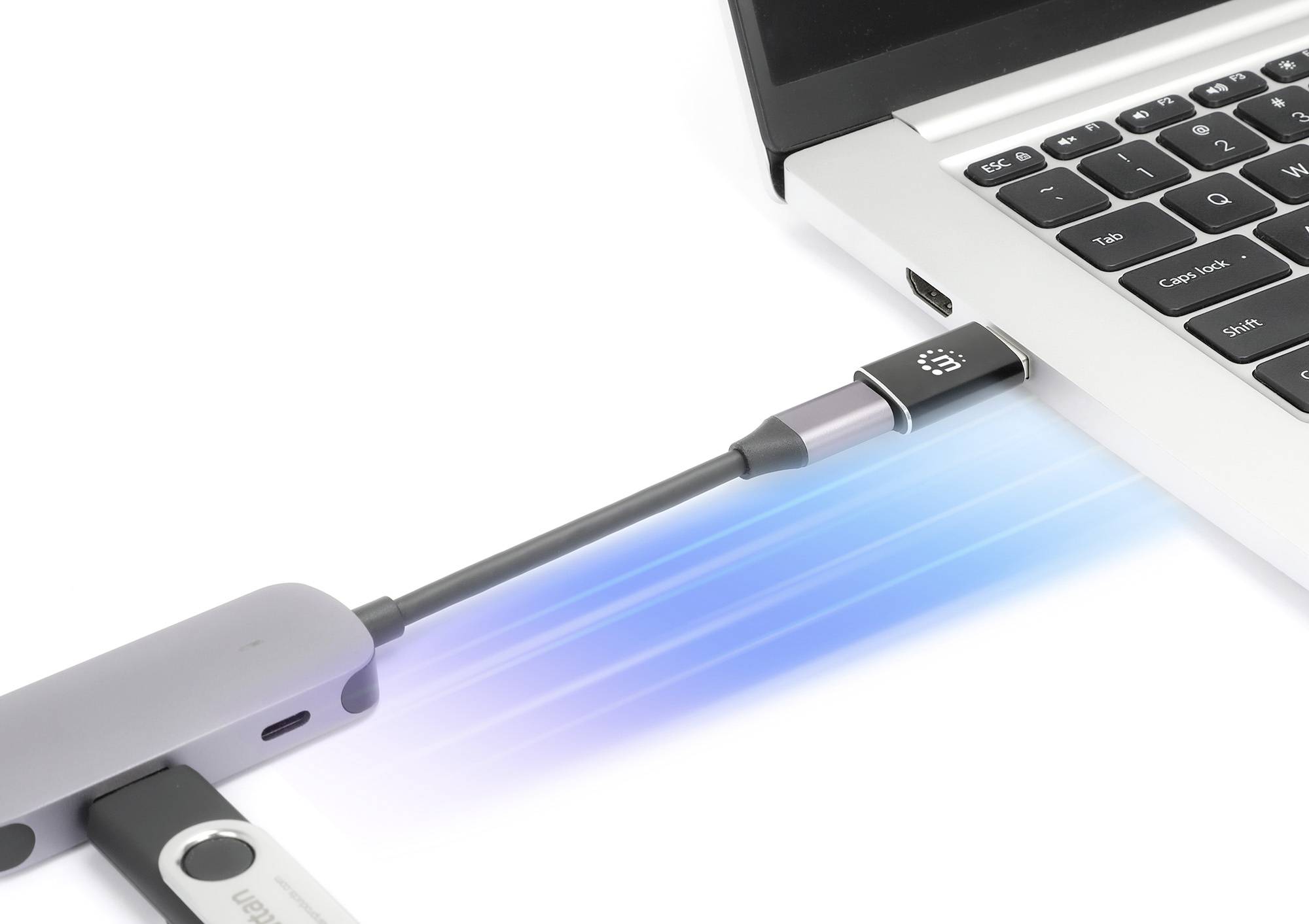 En USB-kabel ansluter en bärbar dator till en USB-hubb, en dataström visualiseras.