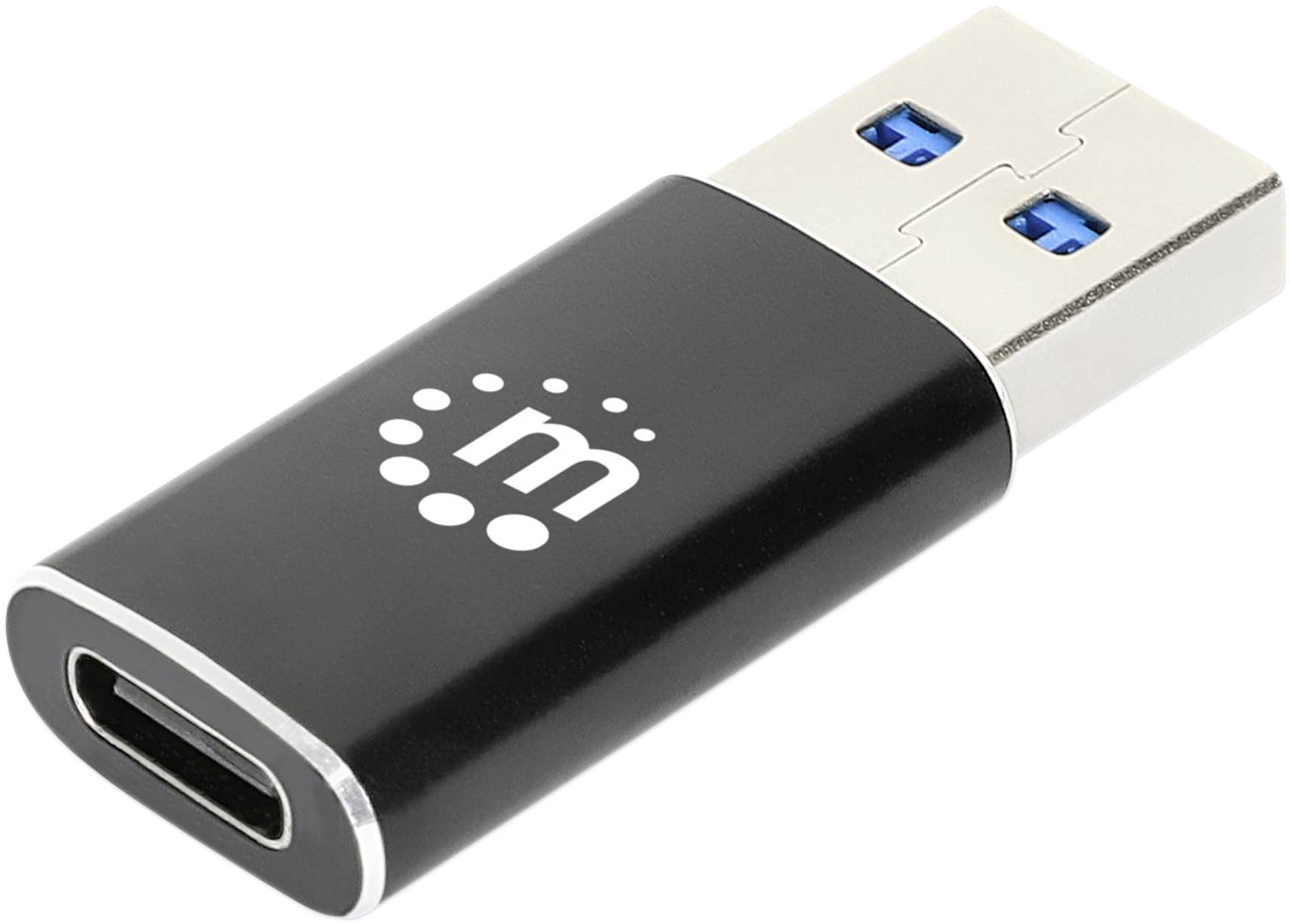 USB-adapter med svart hölje och USB-C till USB-A-kontakt, liggande på en vit yta.