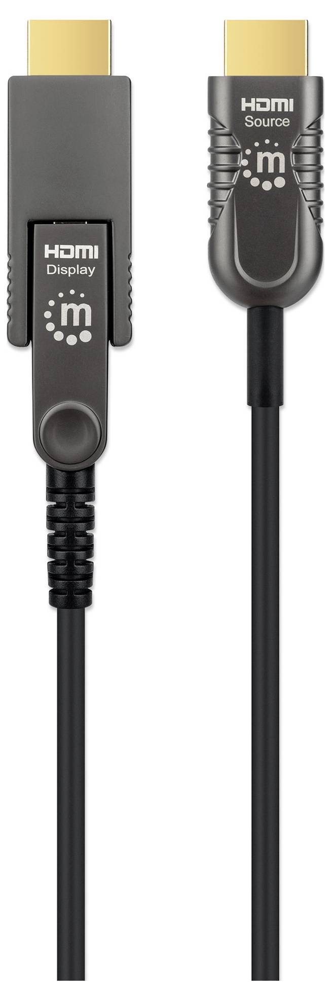 HDMI-kabel med märkningar för 'Display' och 'Source', guldpläterade kontakter synliga, mot vit bakgrund.
