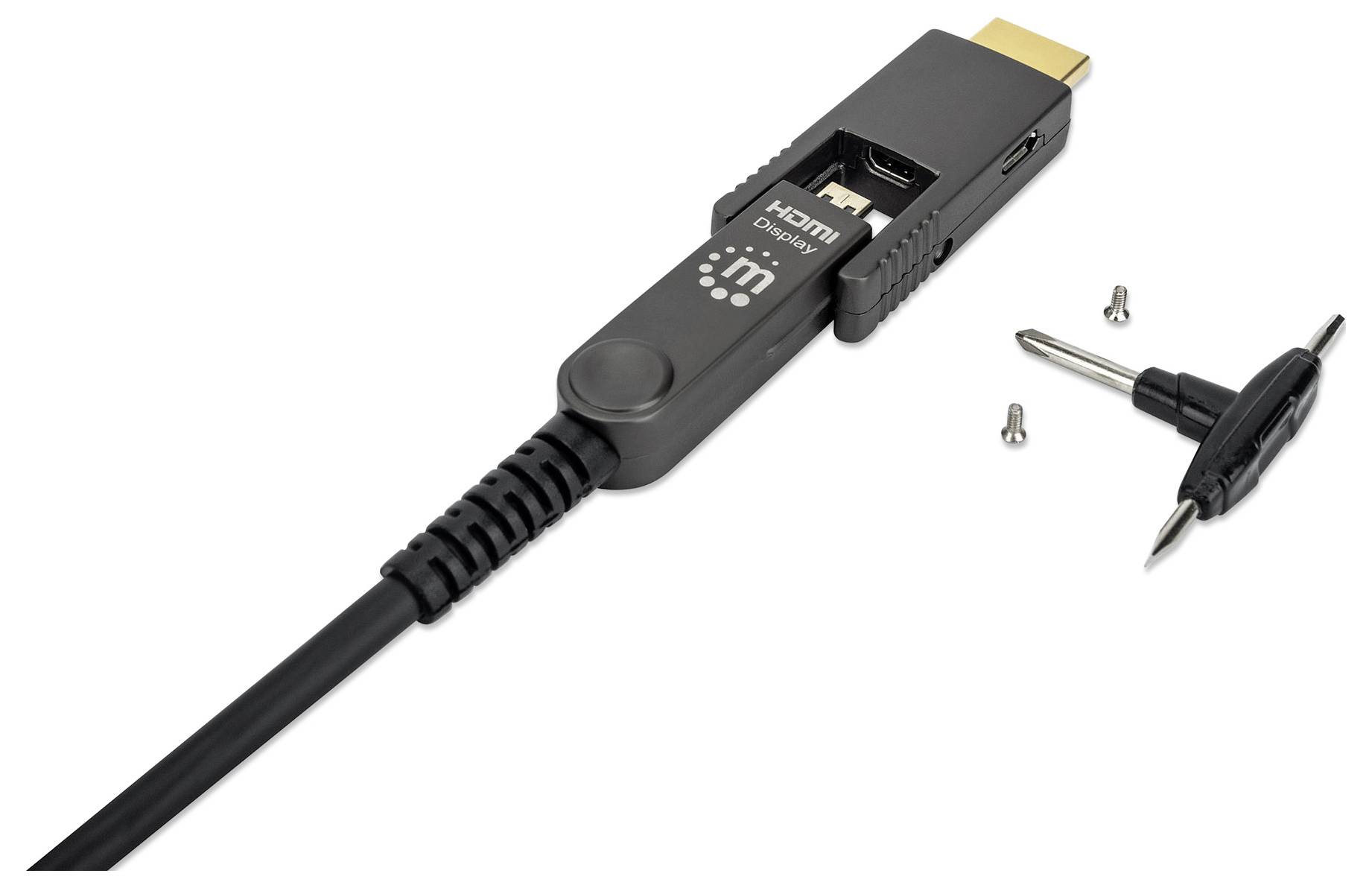 En HDMI-kontakt med ett avtagbart lock, placerad bredvid två små skruvar och en skruvmejsel.