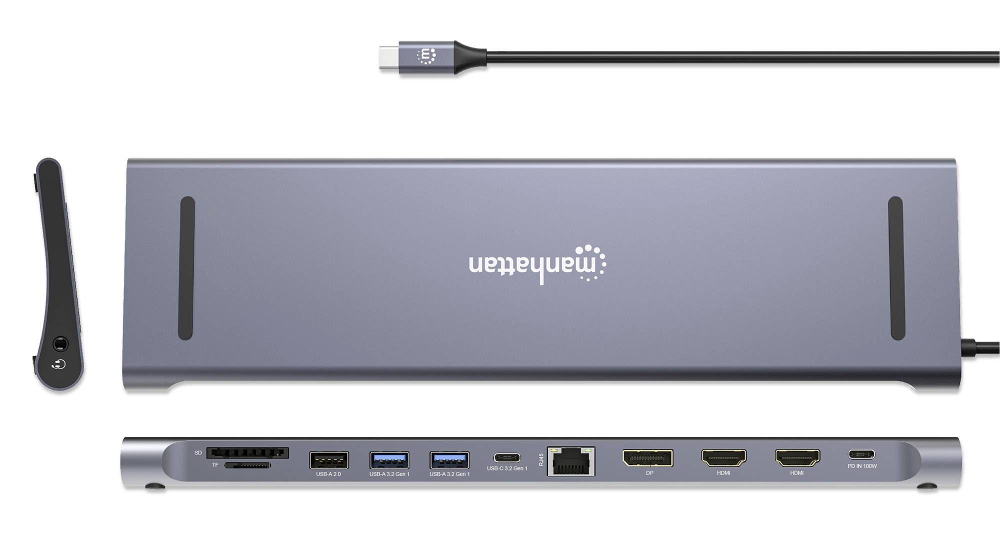 USB-C-dockningsstation med flera anslutningar: SD-kortläsare, USB-portar, Ethernet, HDMI. Perfekt för bärbara datorer.