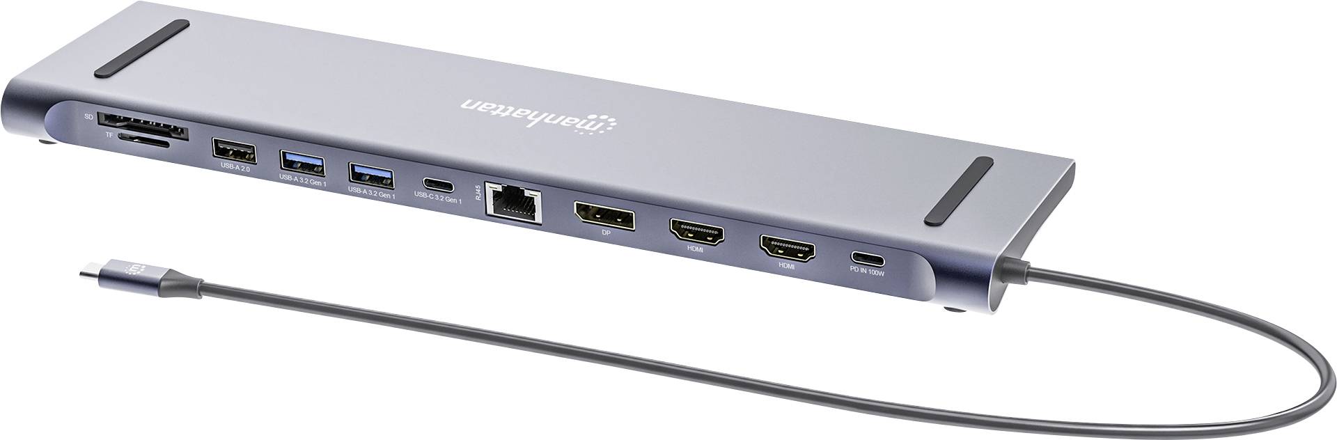 En smal laptop-dockningsadapter med flera anslutningar, inklusive USB, Ethernet och HDMI, samt en USB-C-kabel.