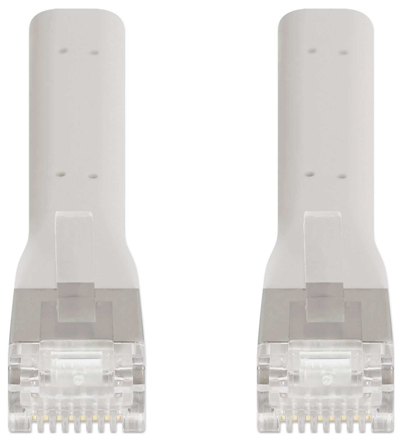 Två RJ45-kontakter av genomskinlig plast för Ethernet-kabel med åtta guldkontaktpinnar visade bredvid varandra.