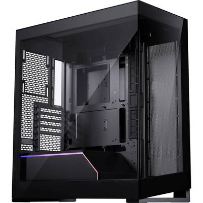 Svart PC-hölje med glassidfönster och RGB-element, öppet och tomt, erbjuder plats för moderkort, hårddiskar och andra komponenter.