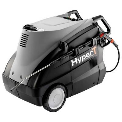 Högtryckstvätt med grått och svart hölje, märket 'HyperT' synligt på sidan. Två handtag och en sprutslang är synliga.