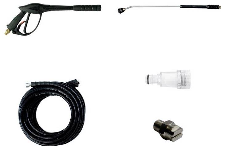 Set bestående av sprutpistol, lans, slang och adapter för högtryckstvätt. Tillbehör för effektiv rengöring.