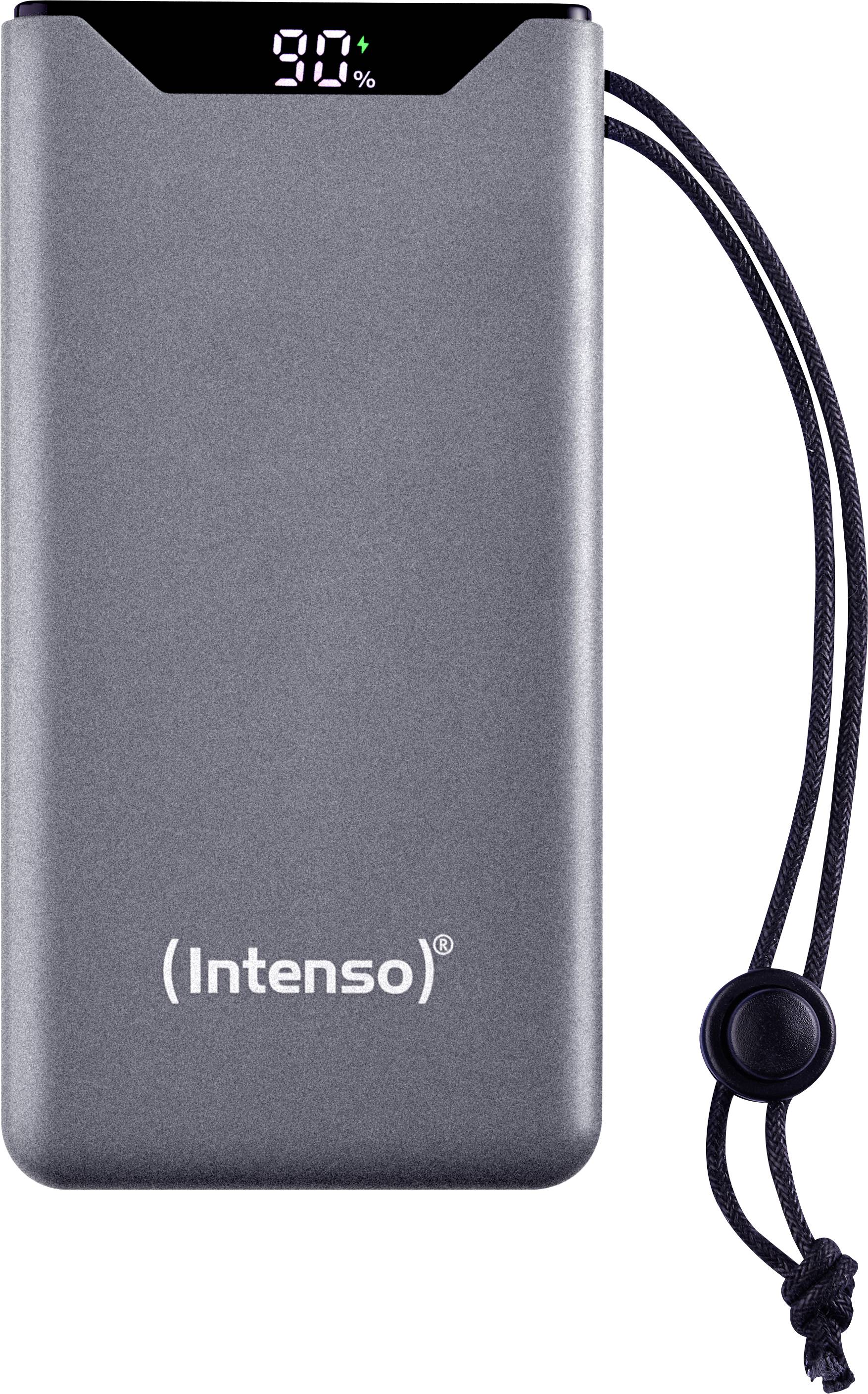En grå powerbank med en digital display som visar '90%'. Ett svart band med snörjusterare är fäst vid den.