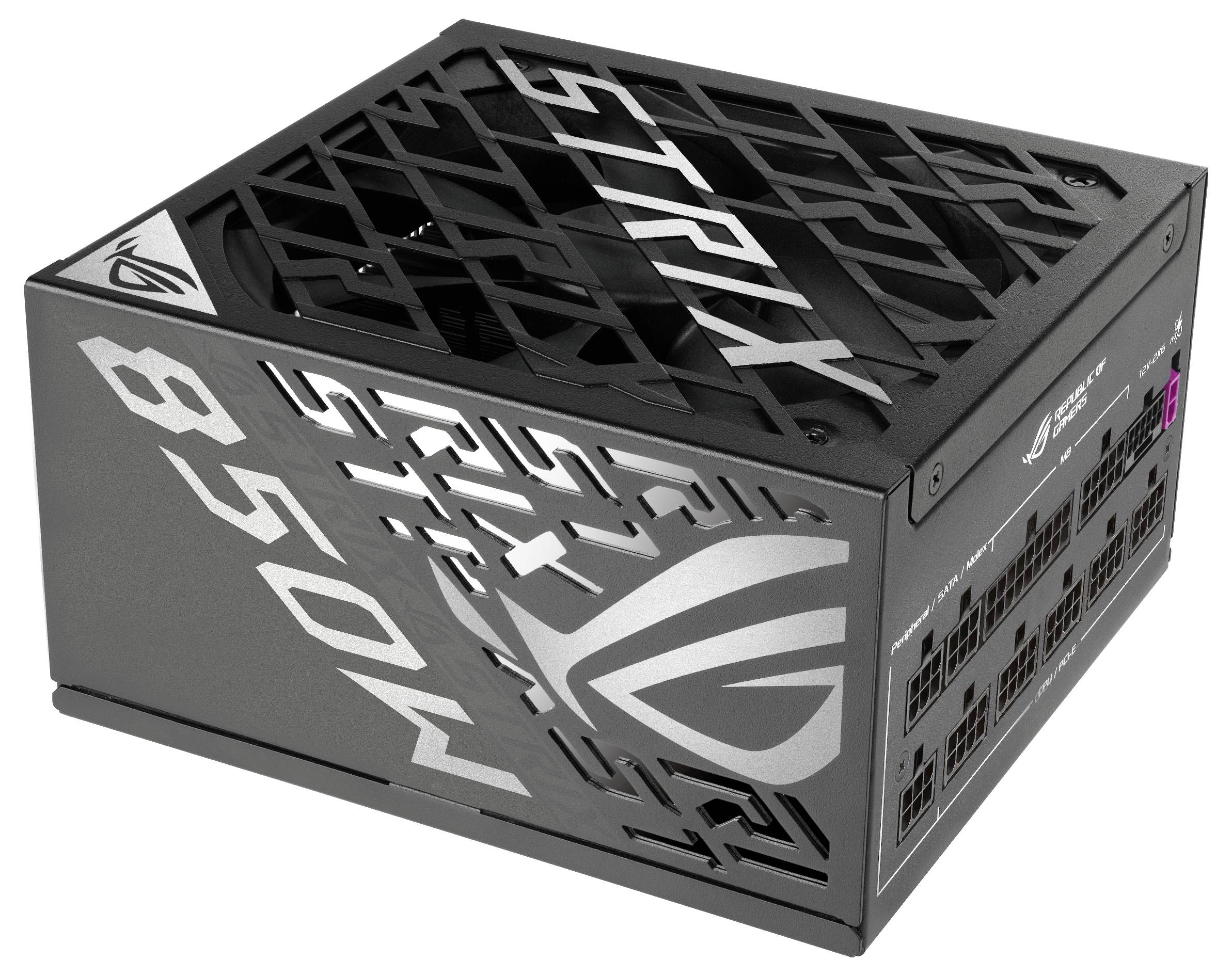 Svart PC-nätaggregat med vit text och logotyp på ovansidan. Flera anslutningar är synliga på sidan.