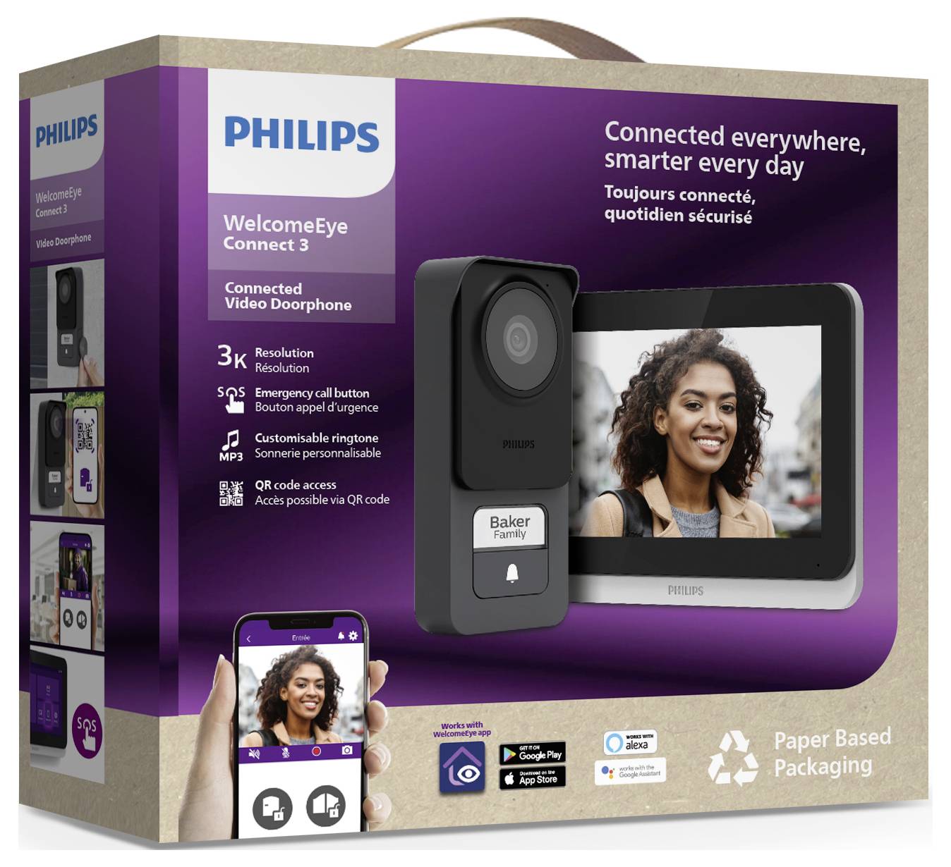 Philips WelcomeEye Connect 3 Videoporttelefon Förpackning med bild av enhet, kvinna på skärm och funktioner: 3 MP kamera, app-styrning, QR-kod-åtkomst.