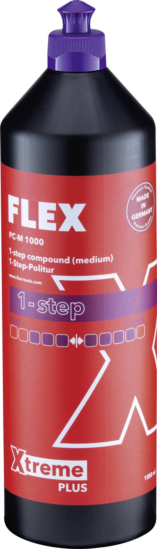 Flaska med rött etikett av märket 'FLEX', PC-11100, 1-stegs polering. Tillverkad i Tyskland. 1-liters flaska med skruvlock.