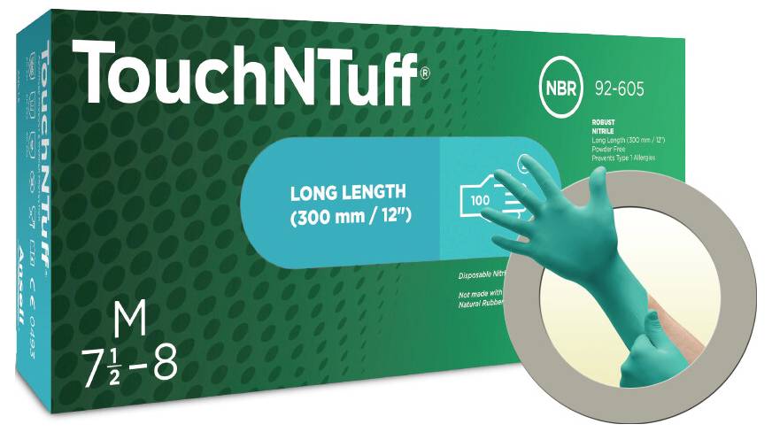 Förpackning för gröna handskar från märket 'TouchNTuff', storlek M, 300 mm långa, tillverkade av NBR-material. En bild visar handskar påtagna.