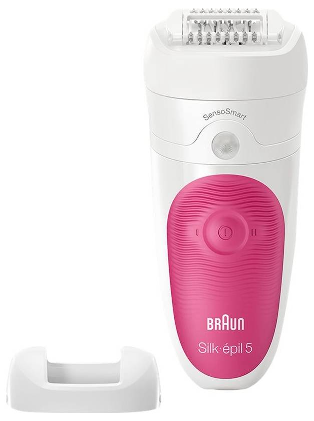 Bild av en rosa-vit Braun Silk-épil 5 epilator med SensoSmart-teknik, bredvid en vit hållare.