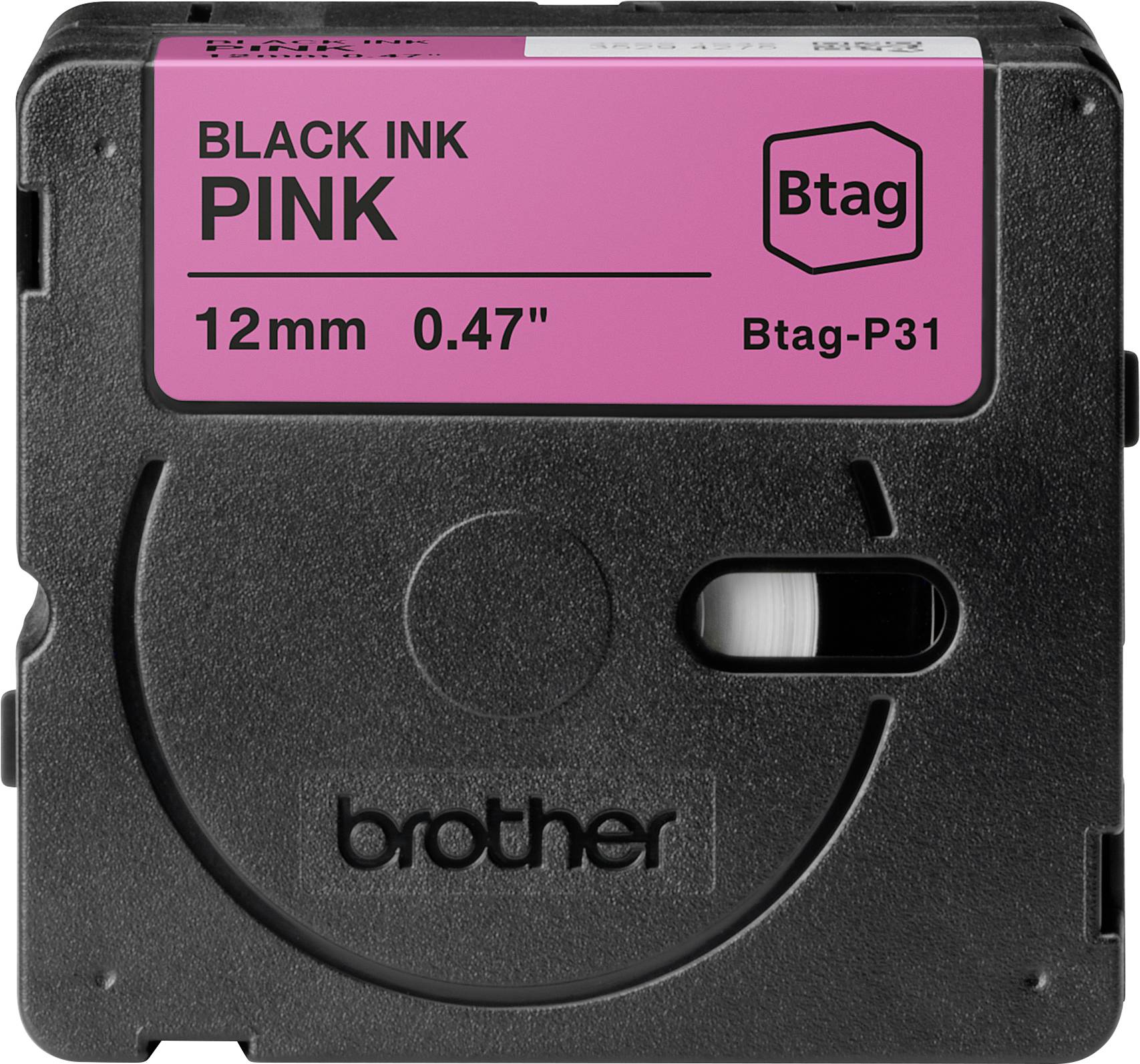 Svart bläckband, rosa etikett, 12 mm bredd, modell Btag-P31 från Brother, färg: Rosa.