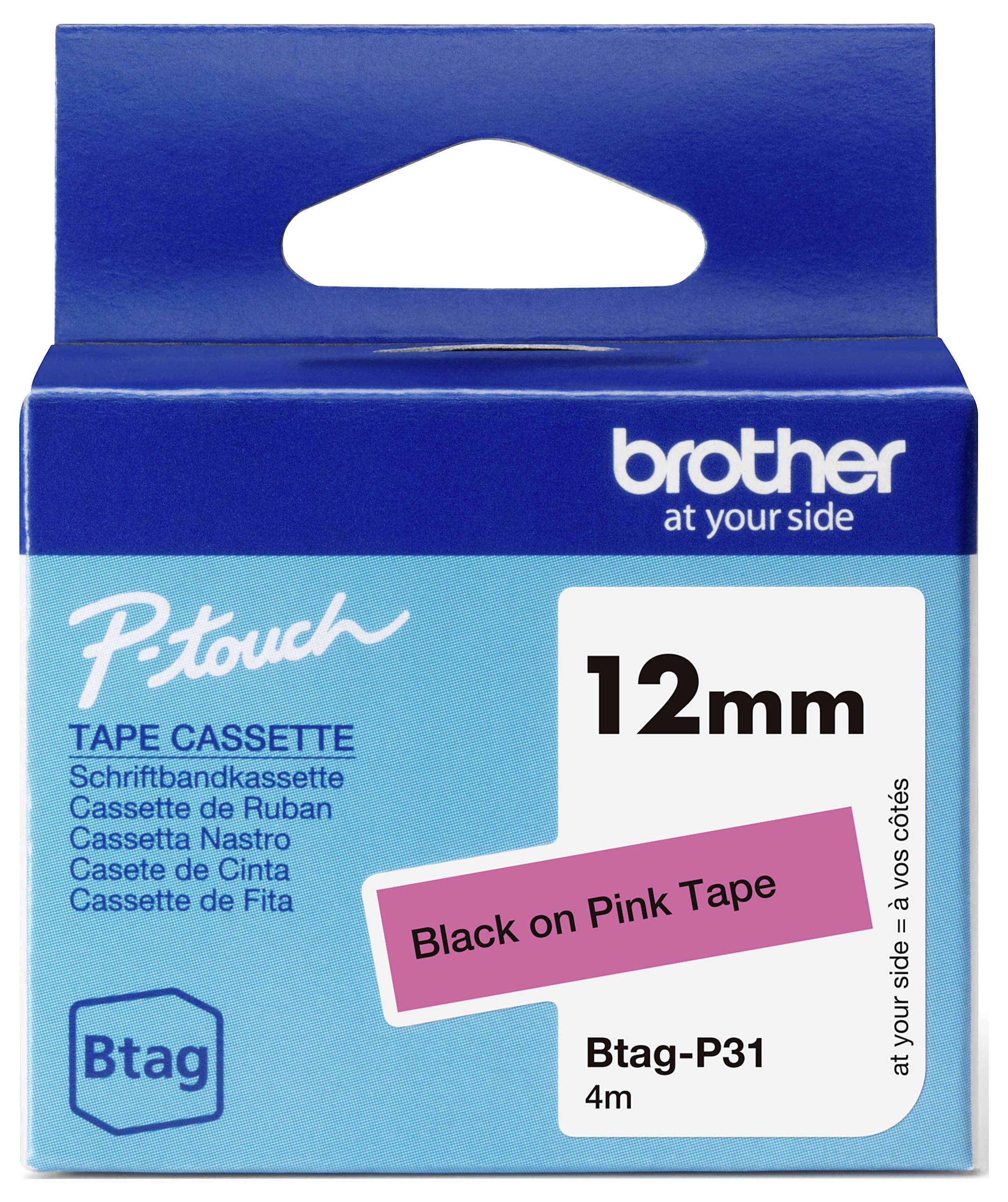 Förpackning för Brother P-touch bandetikett, 12mm, 4m, svart text på rosa band, modell Btag-P31.