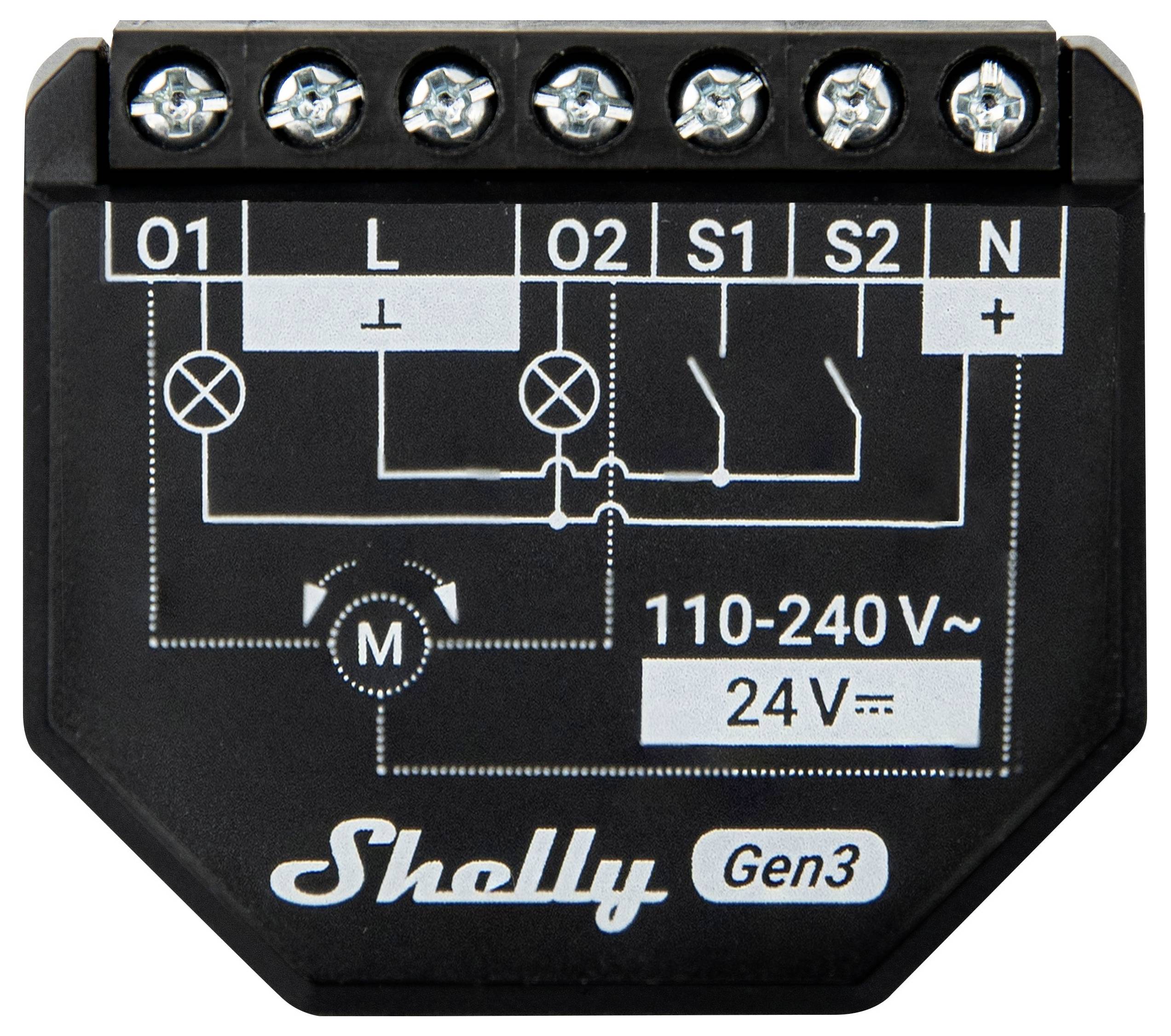 En svart elektronisk kretskort med anslutningar och beteckningar: O1, L, O2, S1, S2, N, 110-240V, 24V. Märkning: 'Shelly Gen3'.