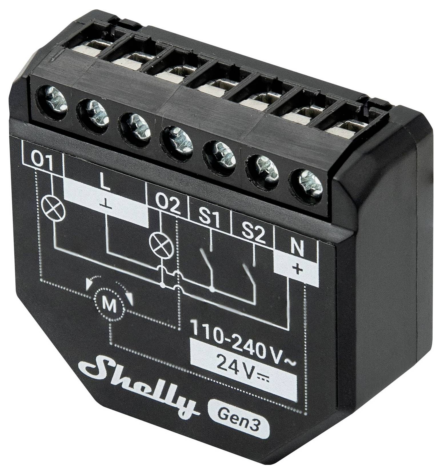 En svart elektrisk switch med flera skruvklämmor, märkt 'Shelly Gen3'. Spänningsingång 110-240V, 24V.
