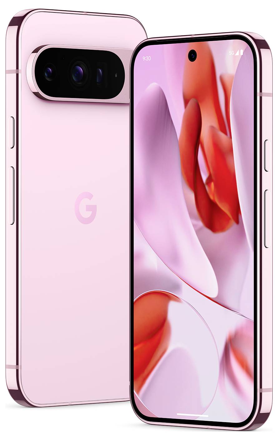 Rosa smartphones med en blommig skärmbakgrund. Fram- och baksida visas.