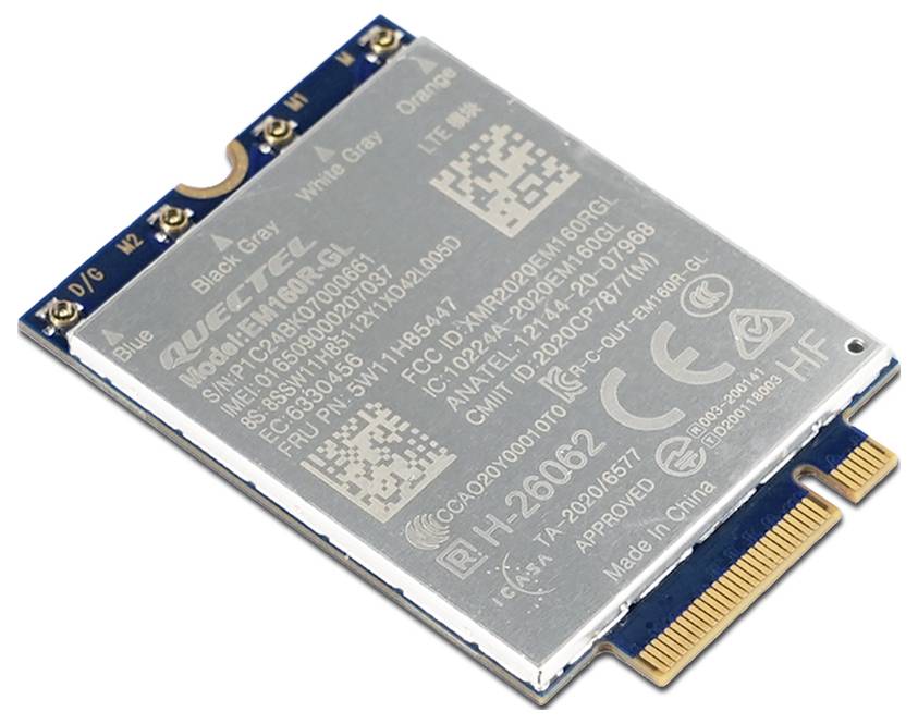 En LTE-modul, modell Quectel EG25-G, ligger på en vit yta. Den visar tekniska beteckningar och serienummer.
