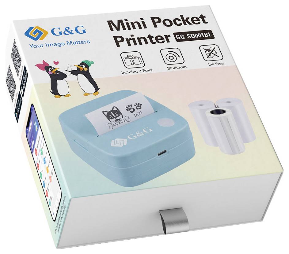 En förpackning för en mini-fickskrivare, modell GG-SD001BL, i blått. Innehåller tre rullar; skriver ut utan bläck; Bluetooth-anslutning. Förpackning med pingvindesign.