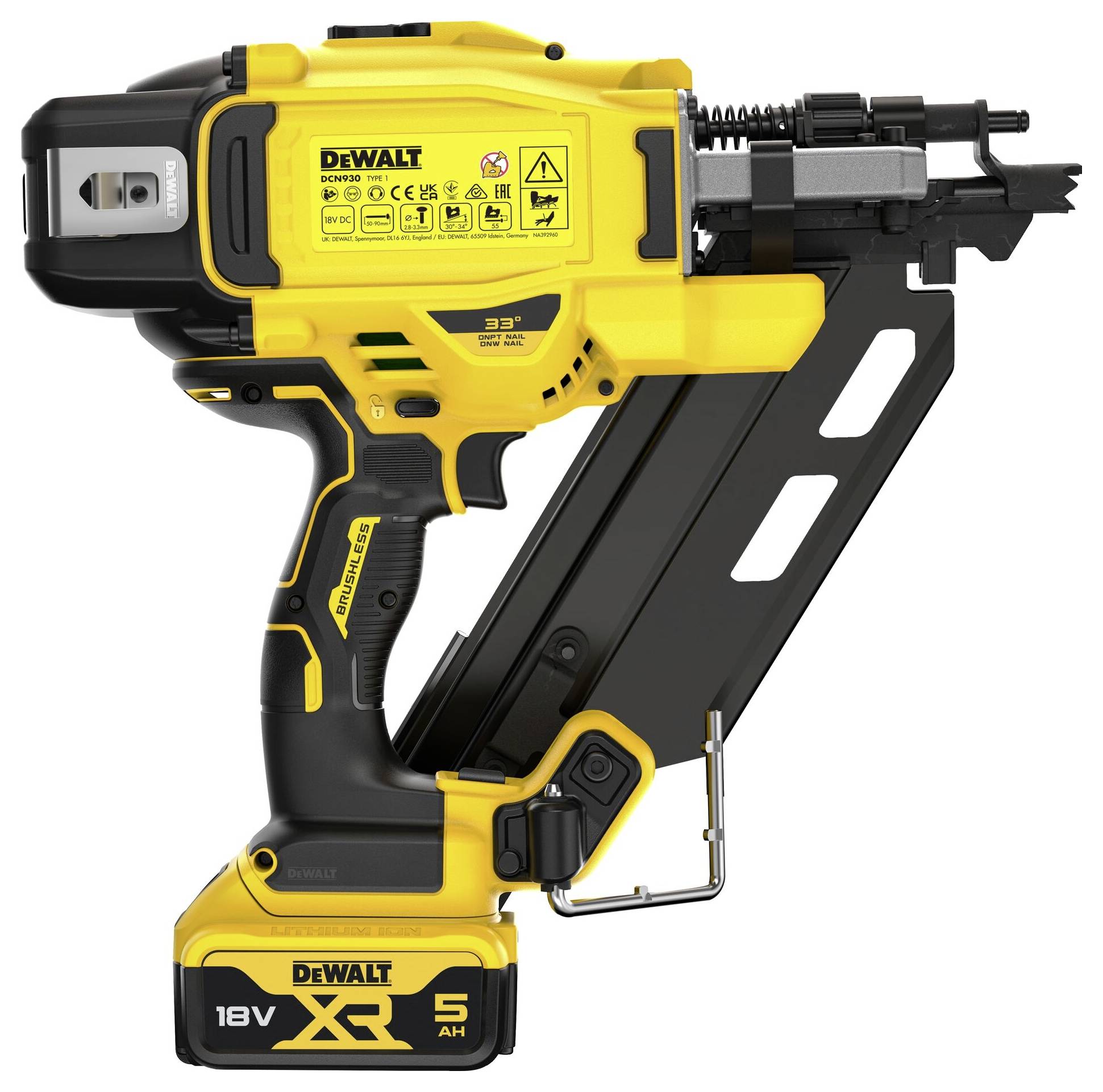 En gul, sladdlös spikpistol från DeWalt med en 18V XR 5Ah batteri, lämplig för fastsättning av material.