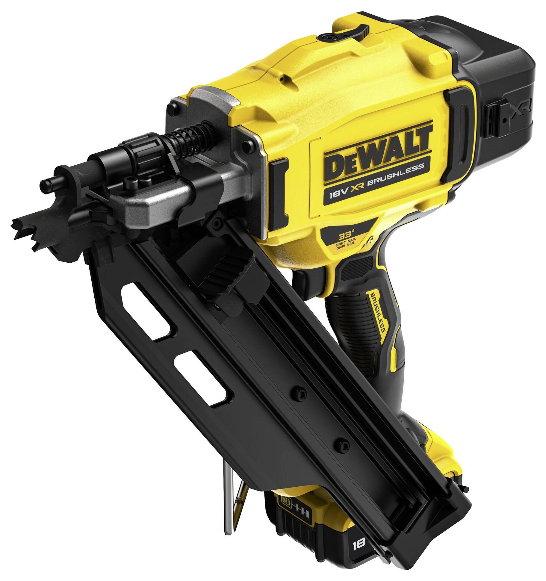 Spikpistol i gult och svart, märke Dewalt, med 18V batteridrift. Den är lämplig för byggnads- och träarbeten.