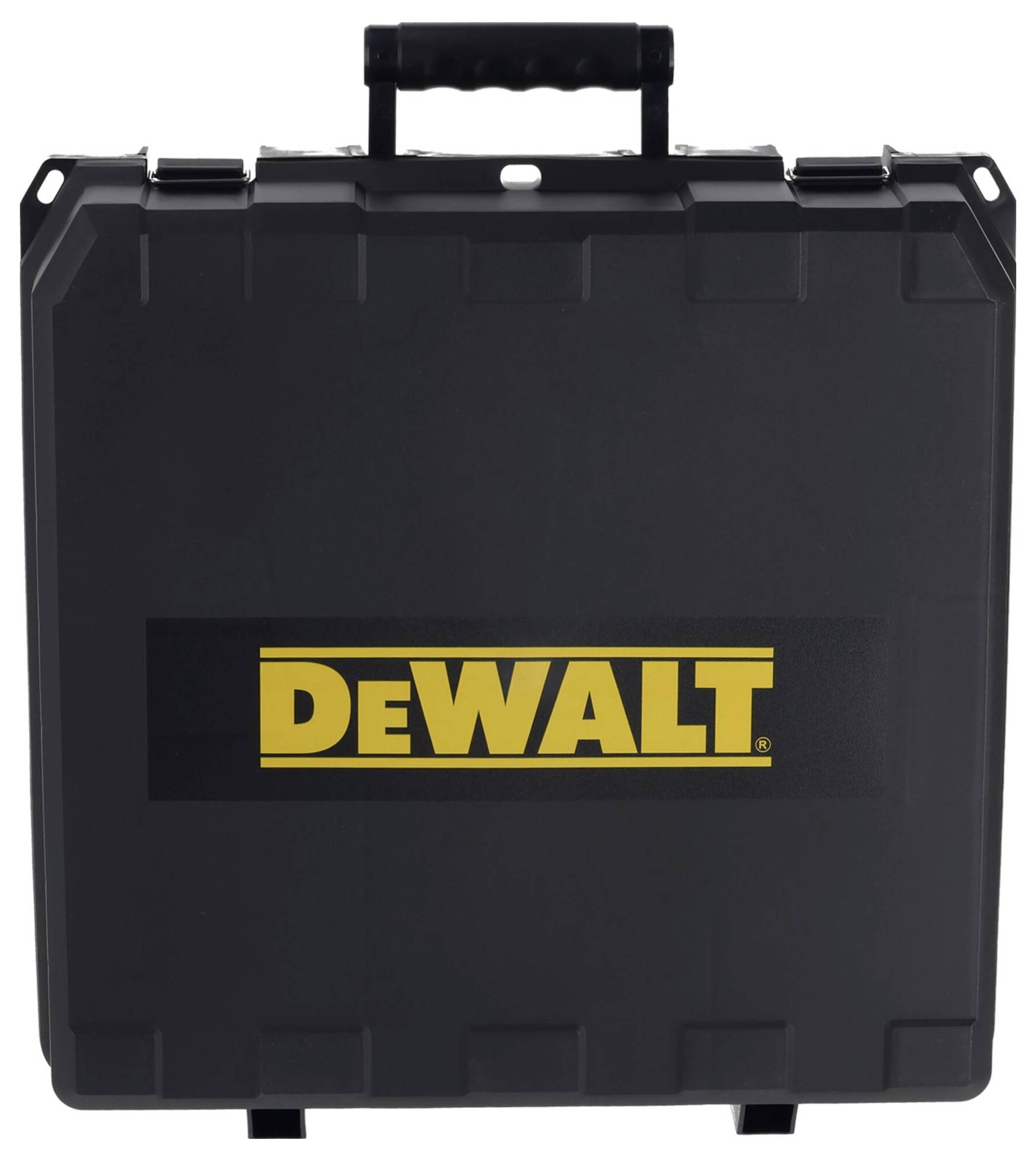 Svart verktygslåda med gult DEWALT-märke. Handtag ovanpå, lådan stängd. Typisk för transport av verktyg.