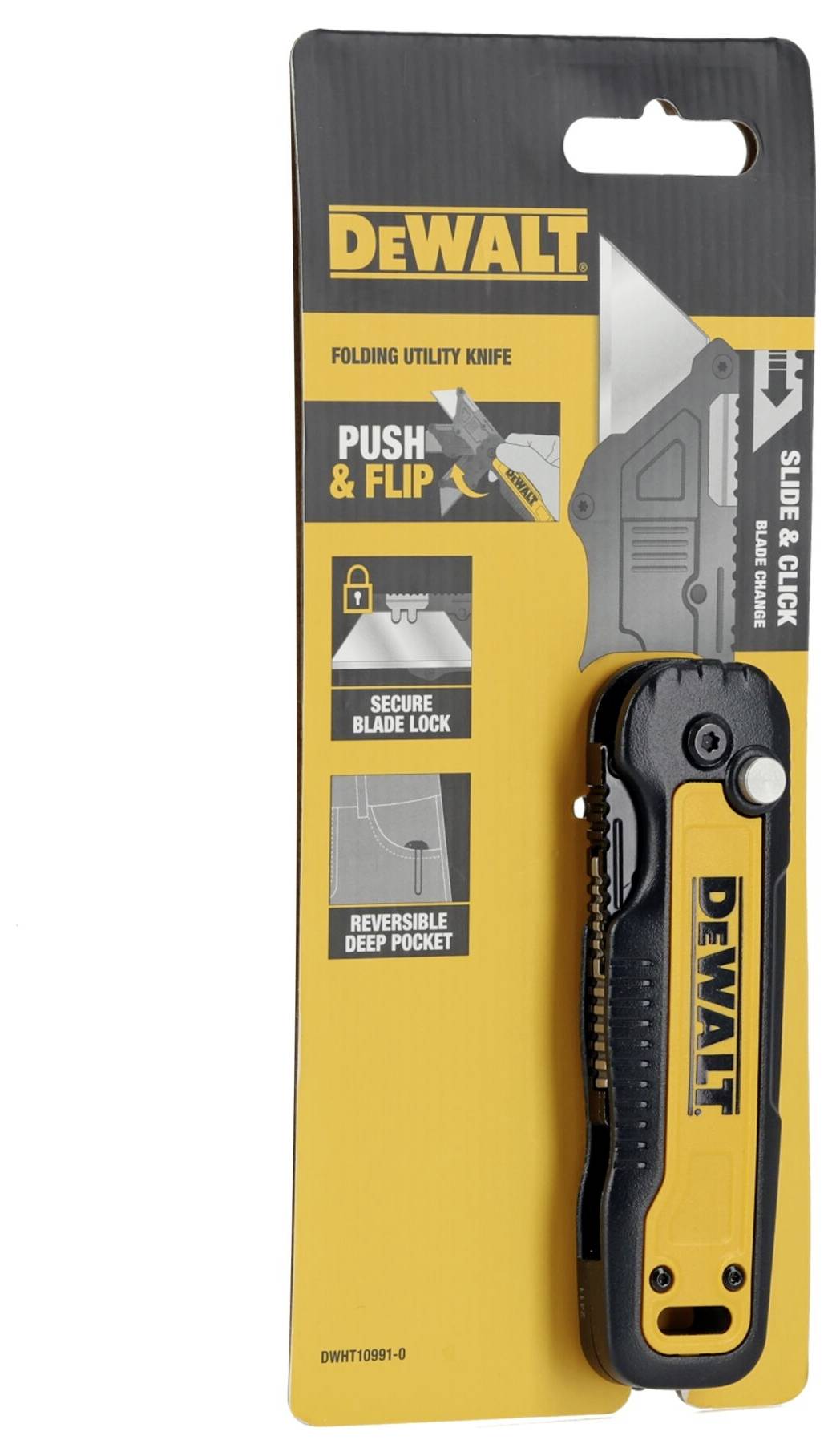 Vikbart universalkniv från DEWALT i förpackning. Egenskaper: säker klingåsning, vändbar fickklämmа, enkel hantering.