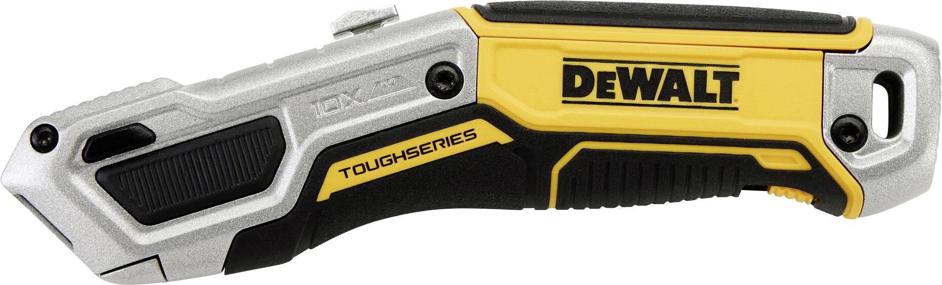 Ett gult och svart DEWALT-kniv med texten 'TOUGHSERIES' på bladet. Den har en ergonomisk design.