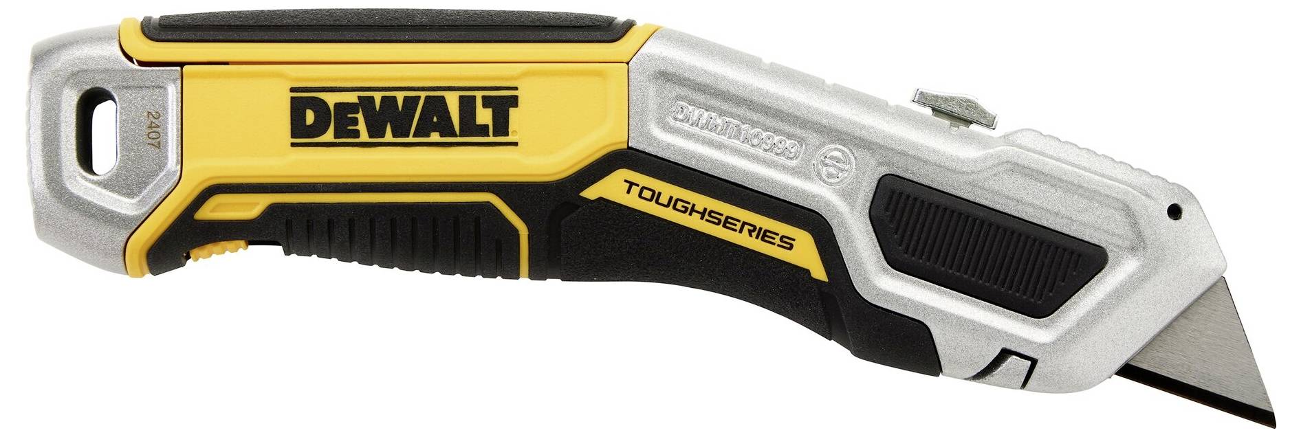 DeWalt fällkniv i svart och gult, utrustad med ett ergonomiskt handtag och ett integrerat system för klingbyte.