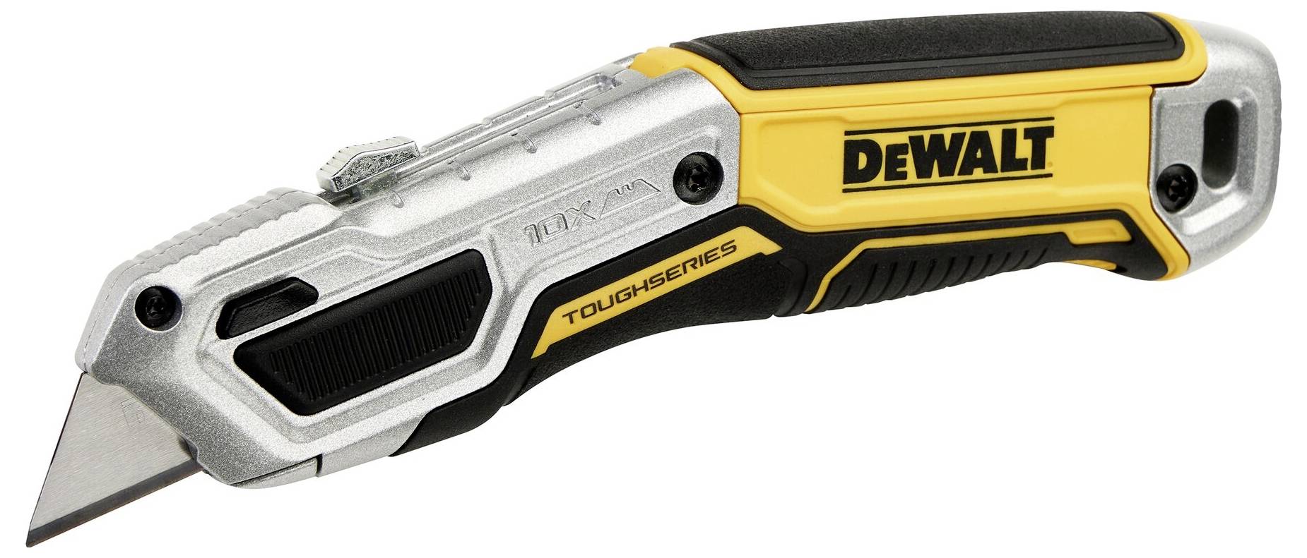 Gult och svart universalverktyg från märket DeWalt, benämnt 'ToughSeries', med utdragbar klinga och ergonomiskt handtag.